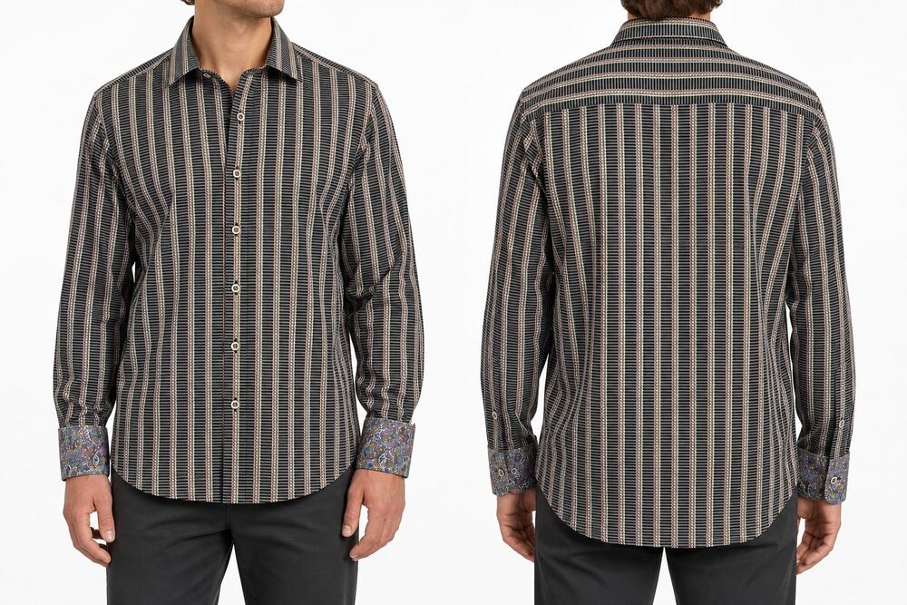 Robert Graham Men's Classic Fit Multicolor Stripe Contrasting Cuffs Shirt XL
